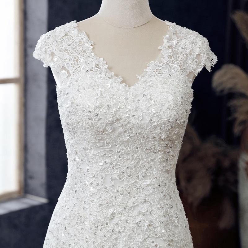 婚紗禮服2023新款新娘結婚白色簡約魚尾修身顯瘦森系亮片V領婚紗-細節圖2