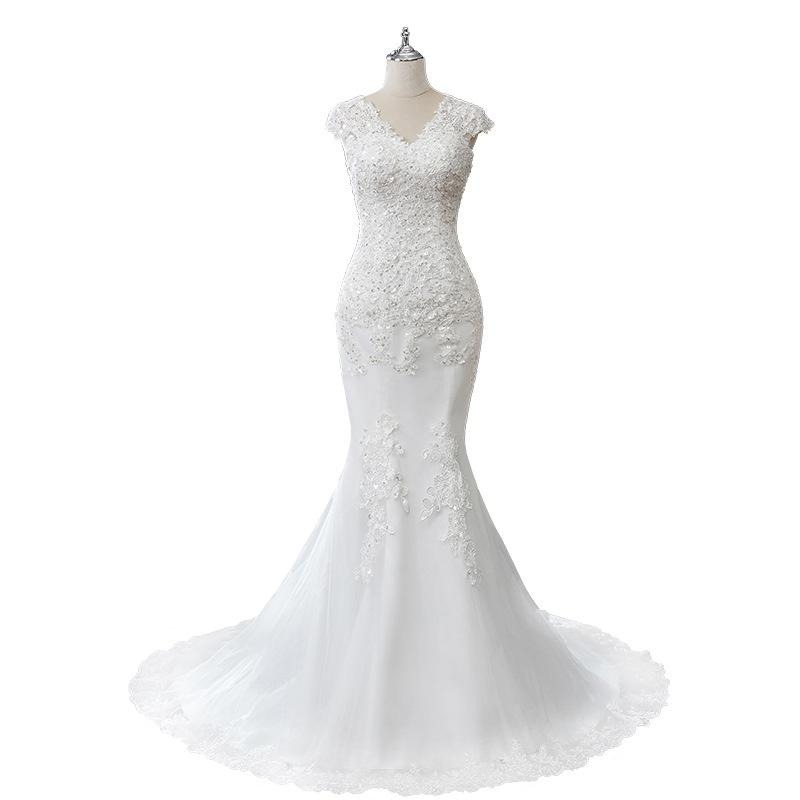 婚紗禮服2023新款新娘結婚白色簡約魚尾修身顯瘦森系亮片V領婚紗-細節圖4