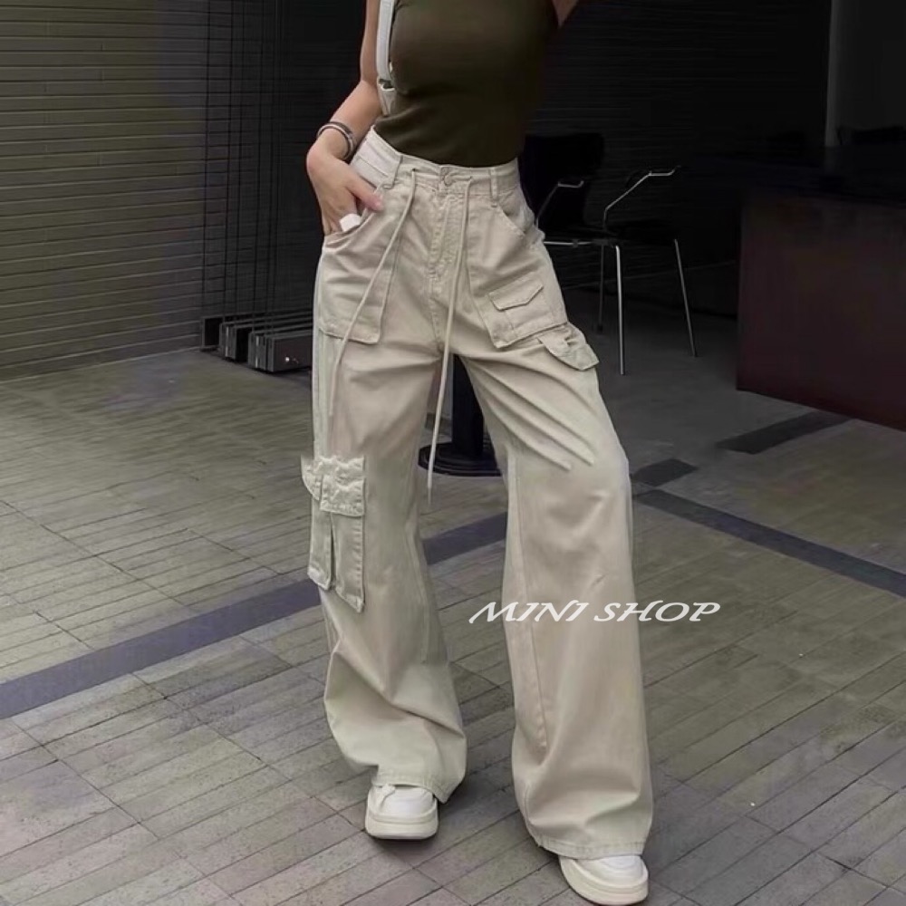 美式褲頭抽繩設計 大口袋工裝牛仔長褲-細節圖2