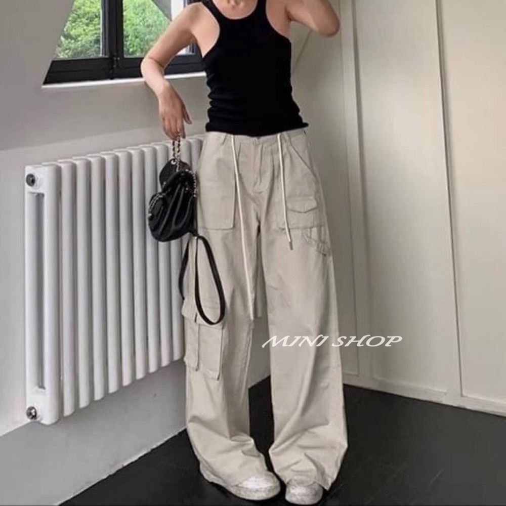 美式褲頭抽繩設計 大口袋工裝牛仔長褲-細節圖3