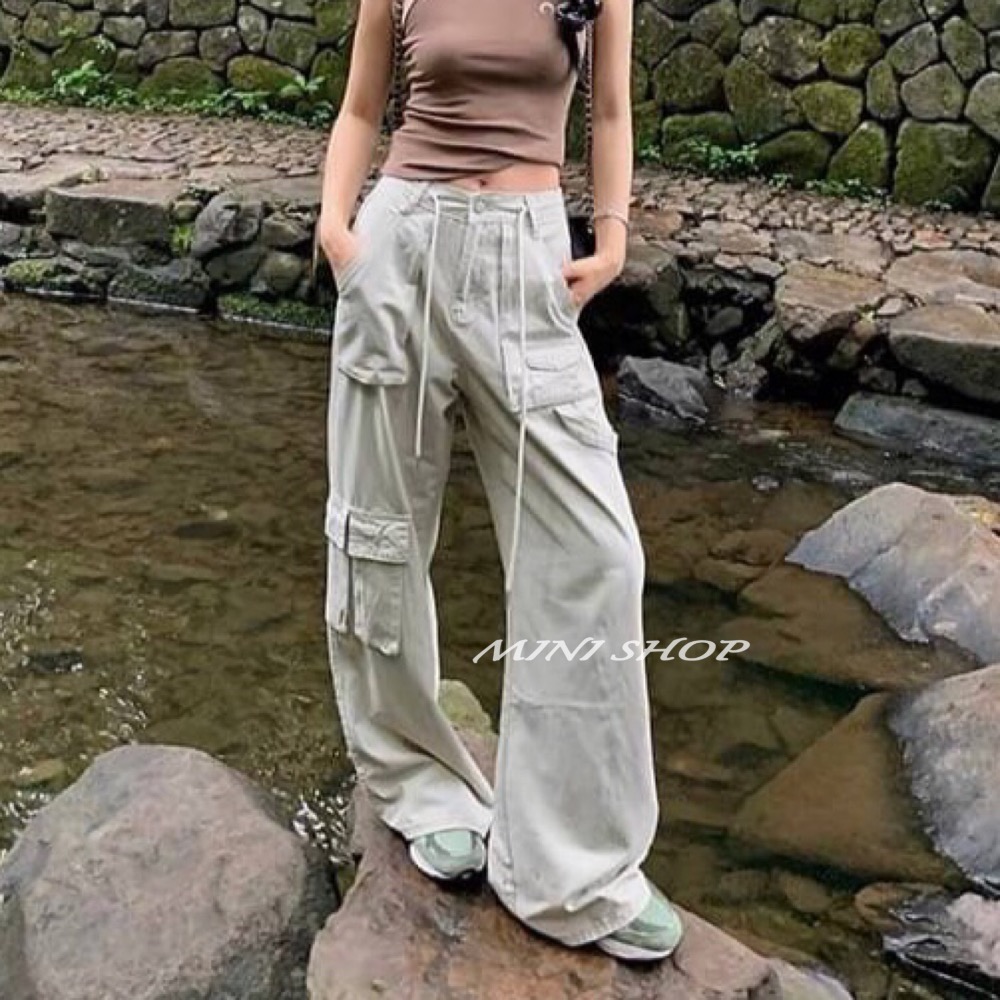 美式褲頭抽繩設計 大口袋工裝牛仔長褲-細節圖4