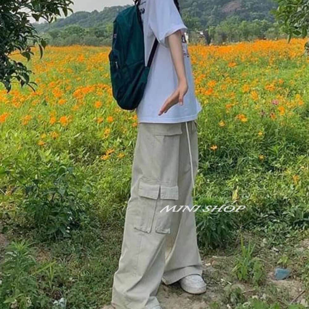 美式褲頭抽繩設計 大口袋工裝牛仔長褲-細節圖5