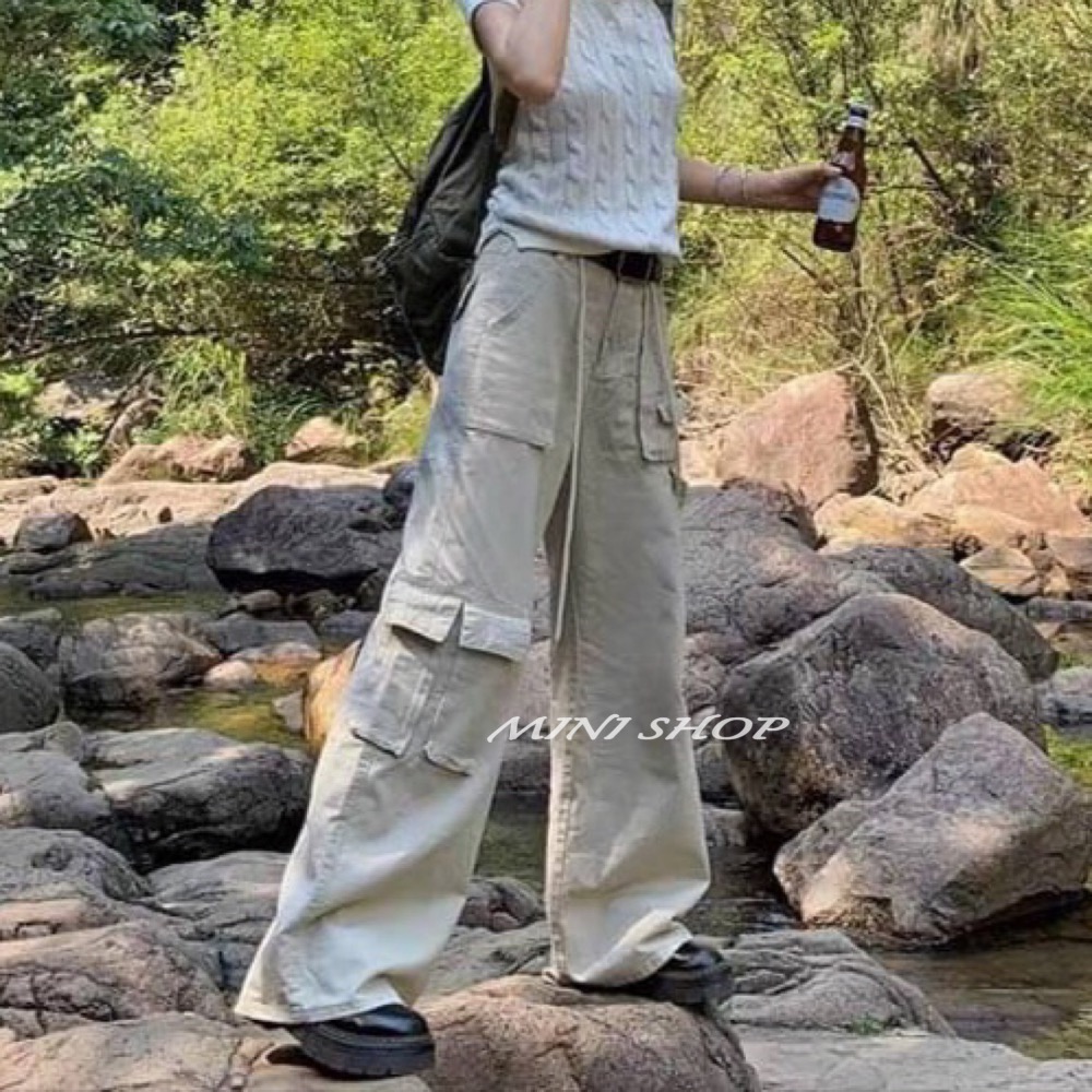 美式褲頭抽繩設計 大口袋工裝牛仔長褲-細節圖6