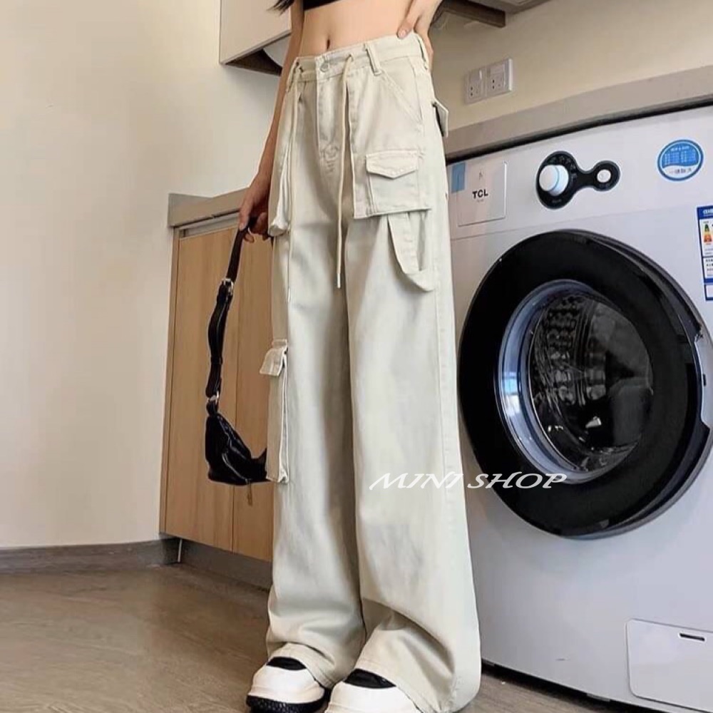 美式褲頭抽繩設計 大口袋工裝牛仔長褲-細節圖7