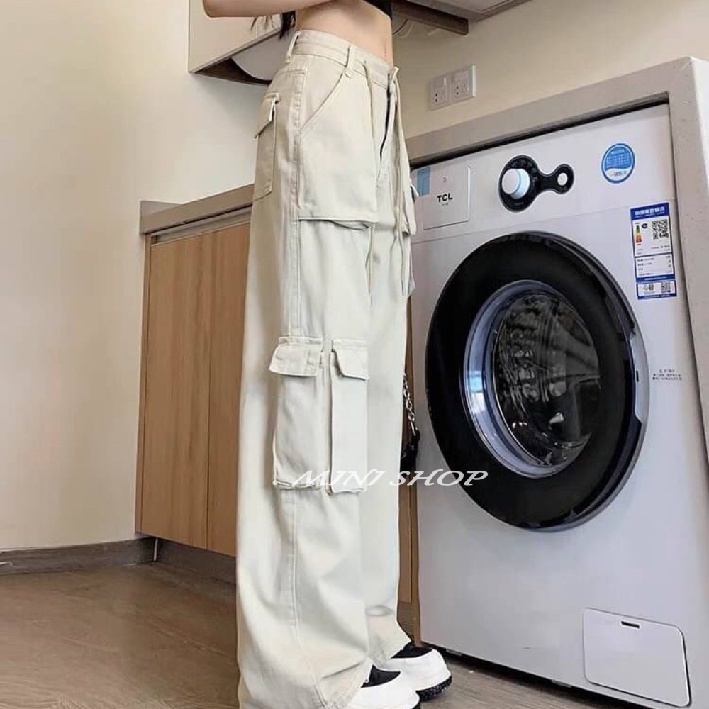 美式褲頭抽繩設計 大口袋工裝牛仔長褲-細節圖8