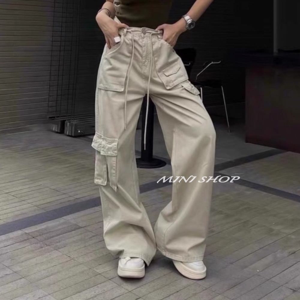 美式褲頭抽繩設計 大口袋工裝牛仔長褲-細節圖10