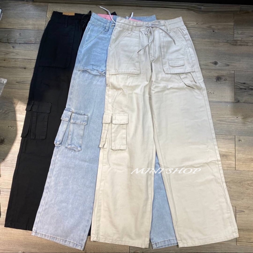 美式褲頭抽繩設計 大口袋工裝牛仔長褲-細節圖11