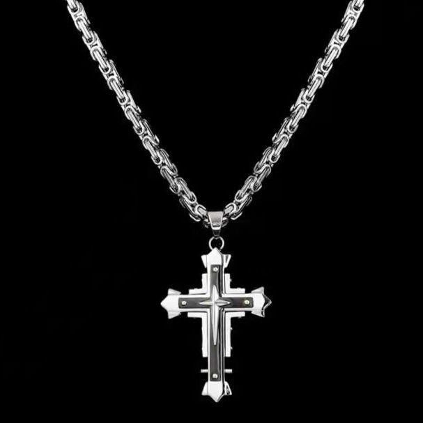鈦鋼項鏈暗黑騎士十字架項鏈吊墜三層鉚釘十字架霸氣潮流男人項鏈-細節圖6