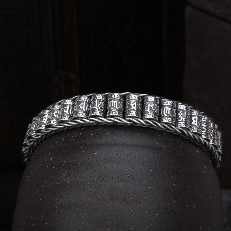 S925泰銀男士簡約時尚復古手鏈六字真言路路通轉經筒可轉動銀飾品-細節圖2