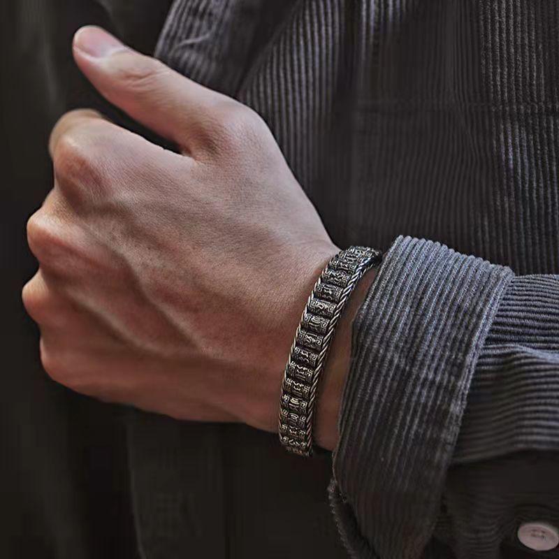 S925泰銀男士簡約時尚復古手鏈六字真言路路通轉經筒可轉動銀飾品-細節圖4