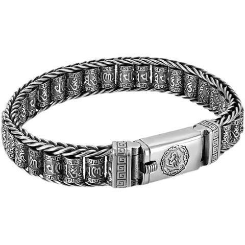 S925泰銀男士簡約時尚復古手鏈六字真言路路通轉經筒可轉動銀飾品-細節圖7