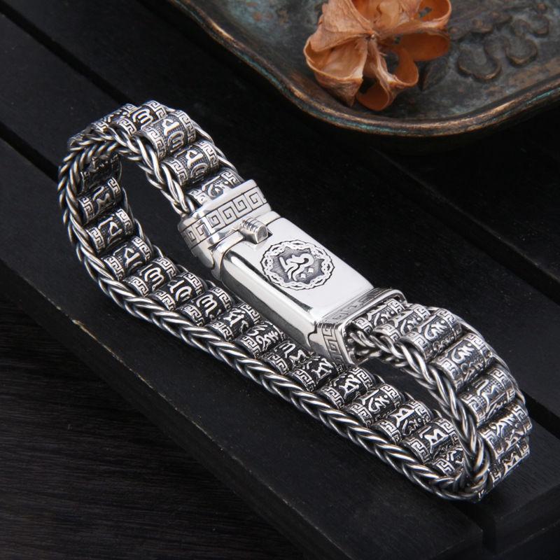 S925泰銀男士簡約時尚復古手鏈六字真言路路通轉經筒可轉動銀飾品-細節圖9