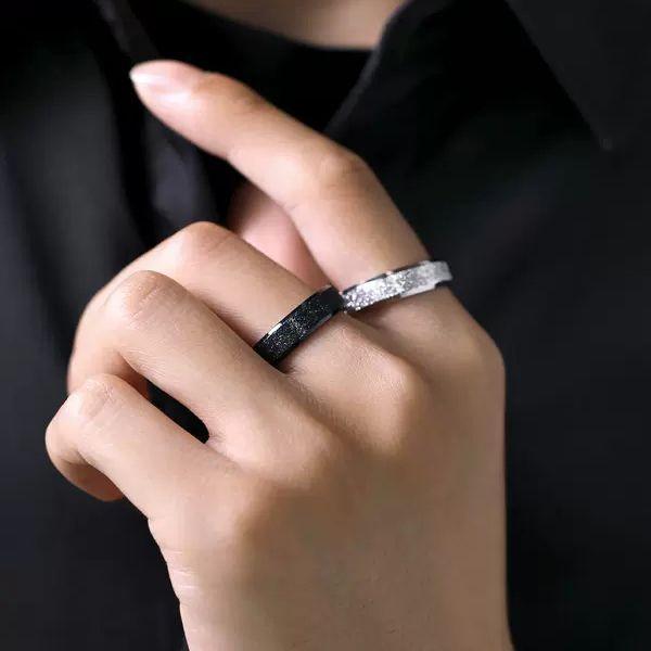 潮流藍色戒指男原創小眾設計磨砂指環極簡個性男生戒指食指裝飾品-細節圖3