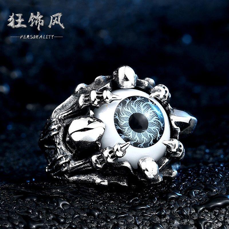 狂飾風 霸氣個性惡魔之眼戒指男潮復古骷髏指環鈦鋼立體浮雕設計-細節圖5