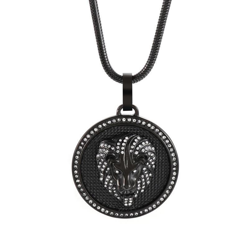 爆款>>搖滾嘻哈圓形吊墜飾品 潮人復古電鍍18k金微鑲鋯石獅子頭男士項鏈-細節圖5