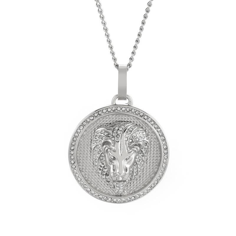 爆款>>搖滾嘻哈圓形吊墜飾品 潮人復古電鍍18k金微鑲鋯石獅子頭男士項鏈-細節圖7