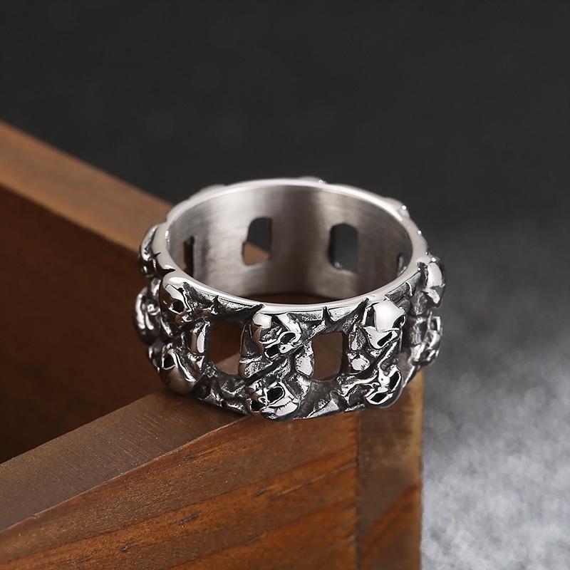 爆款>>歐美新品創意鏤空扳指 做舊復古夸張男款鈦鋼雙排骷髏頭戒指-細節圖4