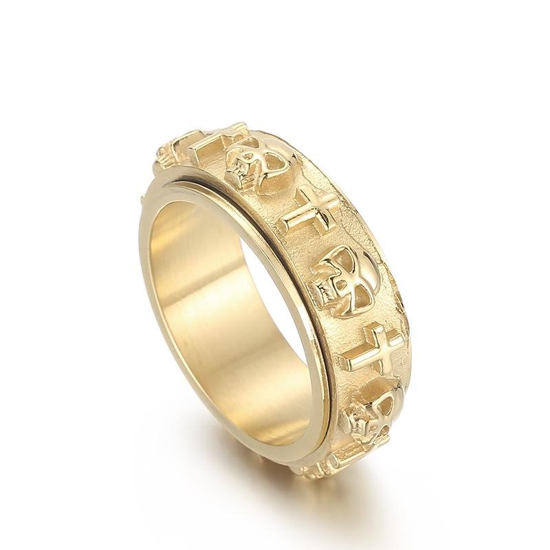 爆款>>復古簡約十字架指環 霸氣抹黑可轉動解壓骷髏頭鈦鋼潮男戒指-細節圖7