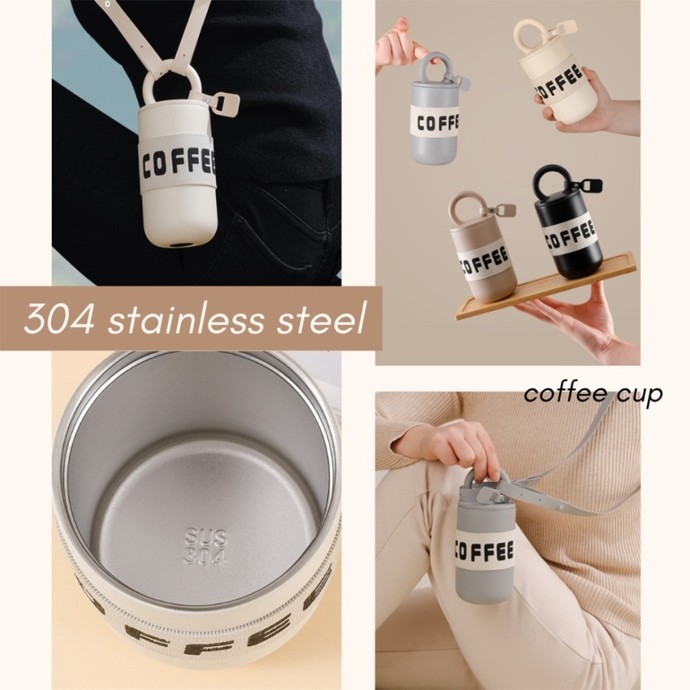 現貨- 304不鏽鋼 高顏值 保溫杯 咖啡杯(贈背帶) 密封不漏/大口徑杯口/長效保溫和保冷功能/耐腐蝕-細節圖3