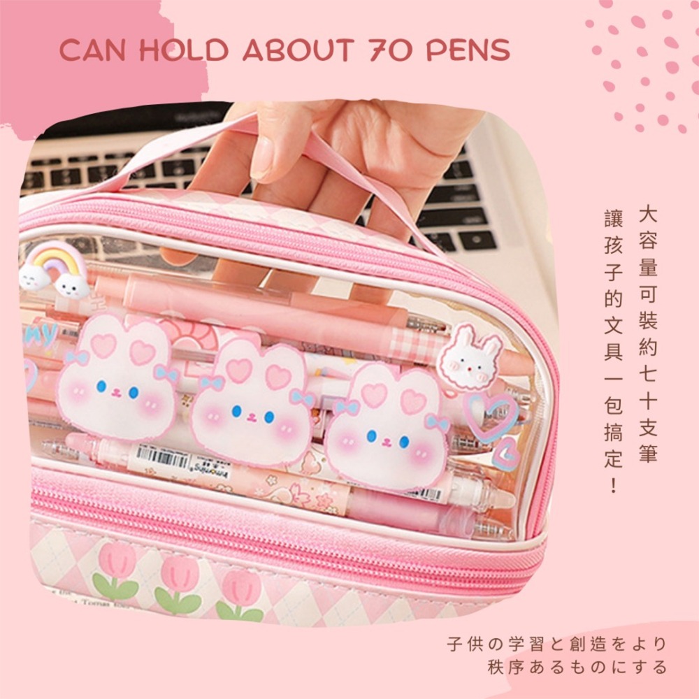 現貨-讓孩子的文具整齊有序！＂卡通高顏值透明雙層筆袋 /手提化妝包收納包/學生文具包-細節圖3