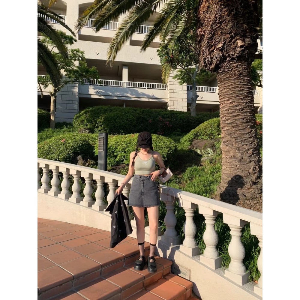 ✈️S現貨-正韓🇰🇷//雪熙歐膩//側釦煙灰牛仔褲裙~6.26-細節圖5