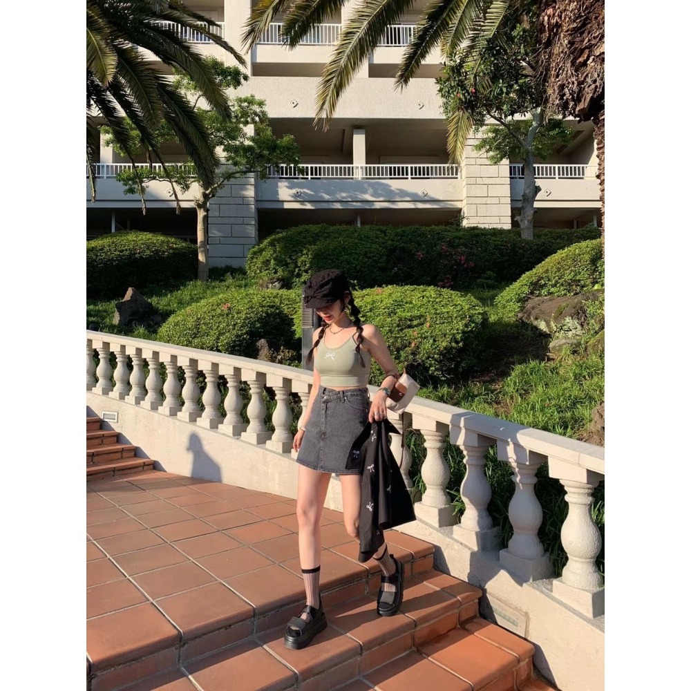 ✈️S現貨-正韓🇰🇷//雪熙歐膩//側釦煙灰牛仔褲裙~6.26-細節圖6