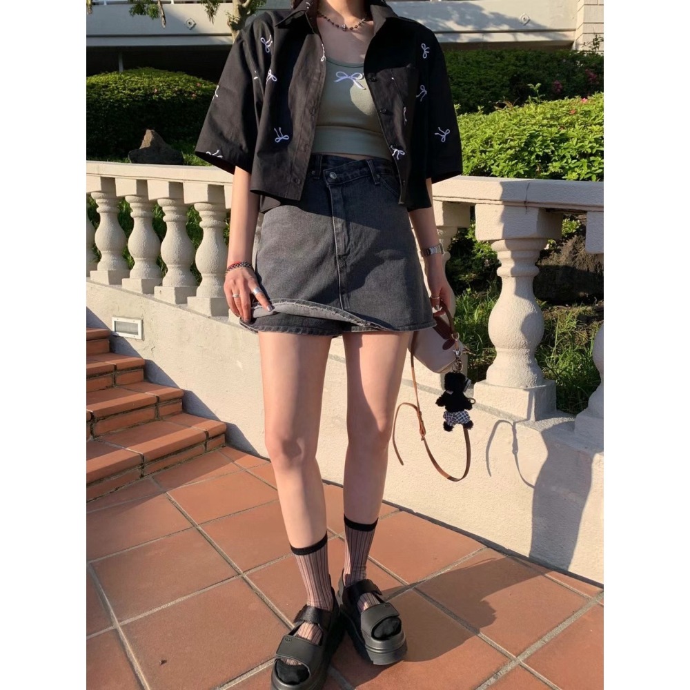 ✈️S現貨-正韓🇰🇷//雪熙歐膩//側釦煙灰牛仔褲裙~6.26-細節圖9