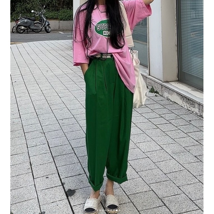 ✈️綠現貨1-正韓🇰🇷//太妍歐膩//腰英字壓摺休閒長褲-細節圖5
