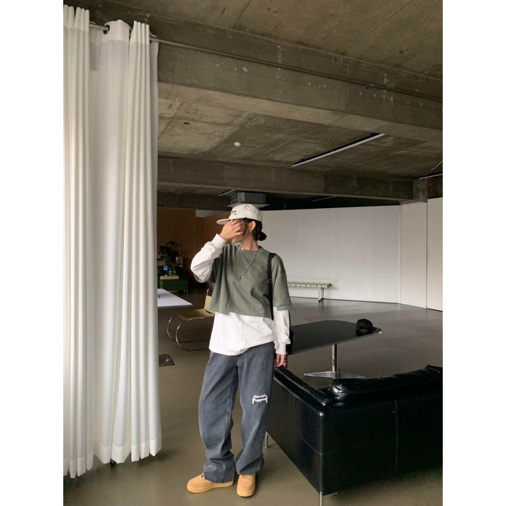 ✈️現貨-正韓🇰🇷//雪熙歐膩//不修邊破壞牛仔長褲-細節圖3