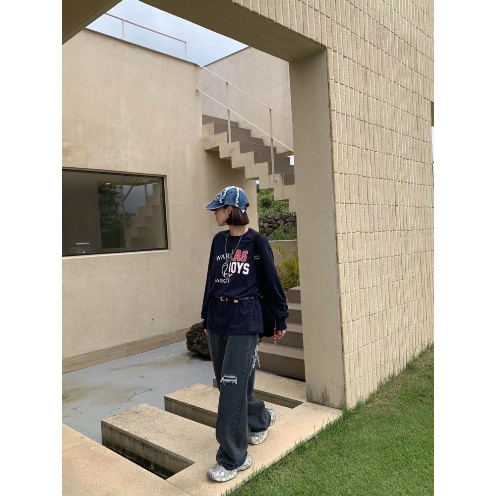 ✈️現貨-正韓🇰🇷//雪熙歐膩//不修邊破壞牛仔長褲-細節圖4