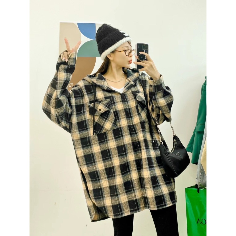 ✈️黑現貨1-正韓🇰🇷//臭臉歐巴//後英字連帽格紋襯衫~1.22-細節圖4