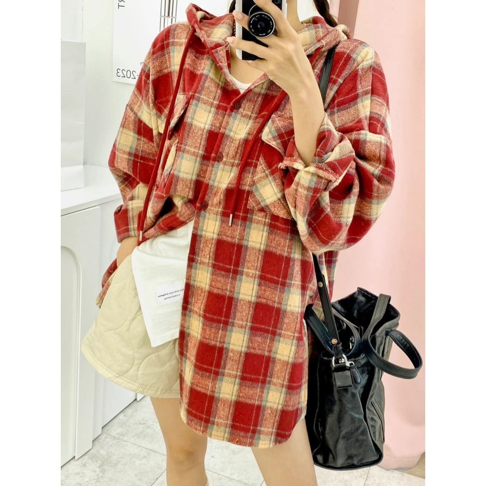 ✈️黑現貨1-正韓🇰🇷//臭臉歐巴//後英字連帽格紋襯衫~1.22-細節圖6