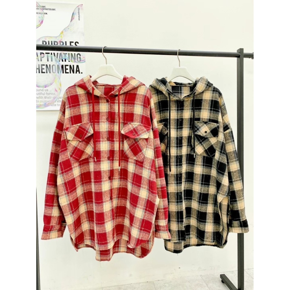 ✈️黑現貨1-正韓🇰🇷//臭臉歐巴//後英字連帽格紋襯衫~1.22-細節圖9