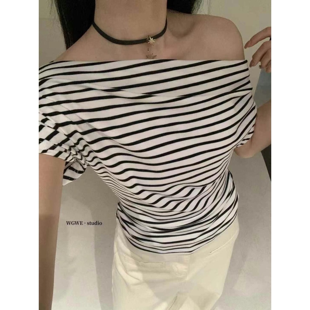 ✈️S碼現貨-//WGWE//一字斜肩條紋上衣~6.28-細節圖5