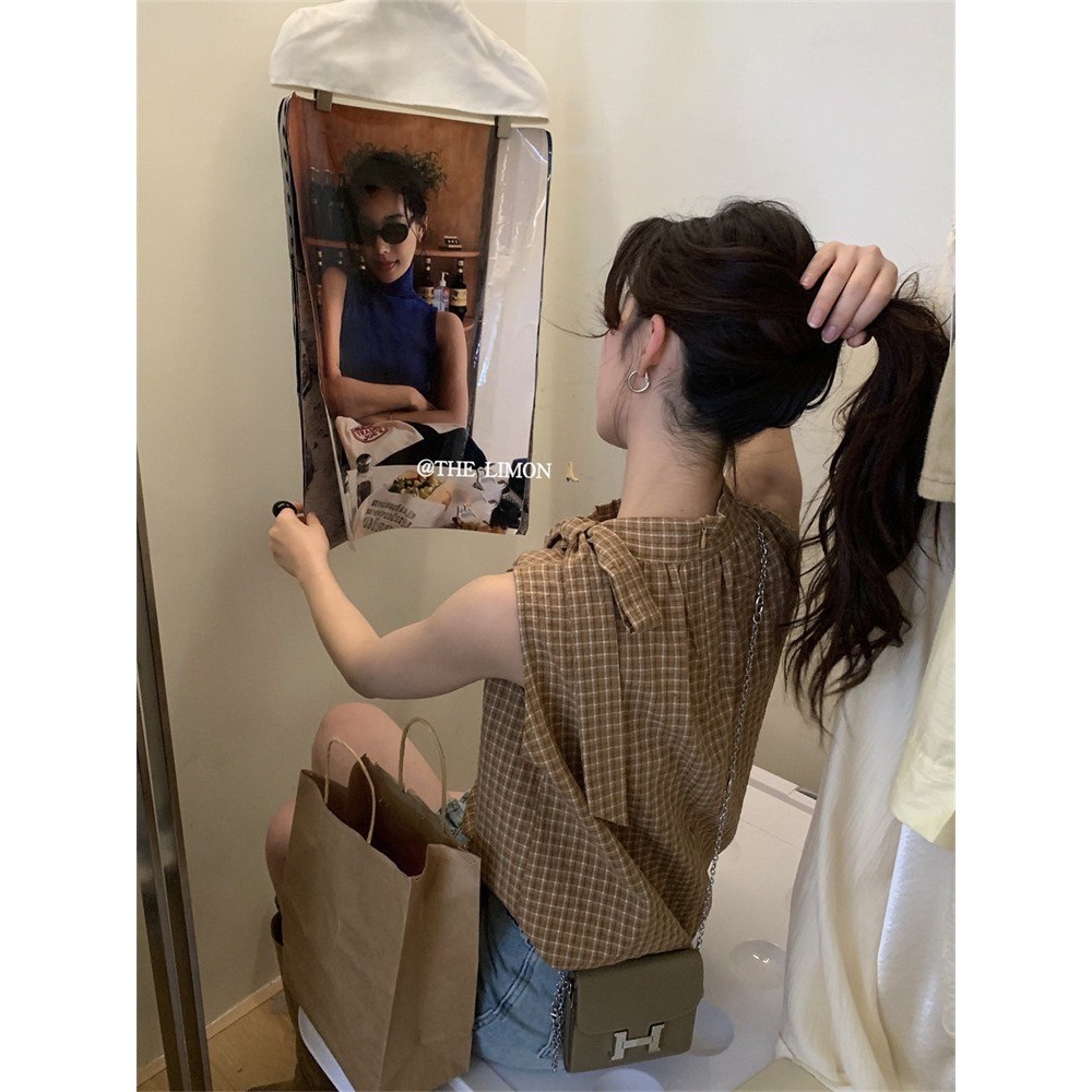 ✈️藍現貨1-//檸檬家🍋//蝴蝶飄帶格紋無袖上衣~7.1-細節圖2