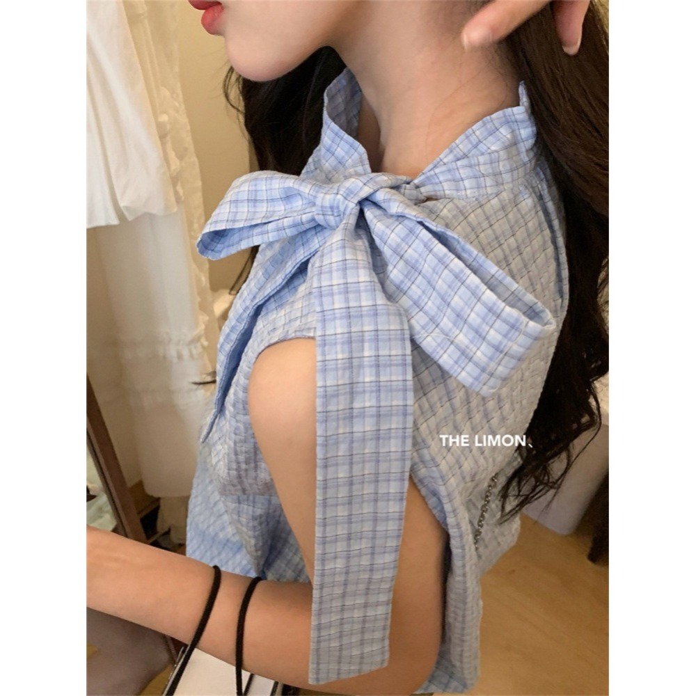 ✈️藍現貨1-//檸檬家🍋//蝴蝶飄帶格紋無袖上衣~7.1-細節圖5