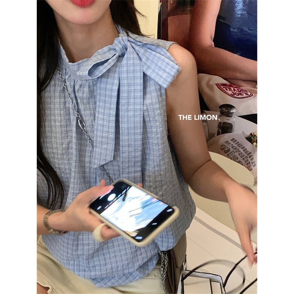 ✈️藍現貨1-//檸檬家🍋//蝴蝶飄帶格紋無袖上衣~7.1-細節圖6