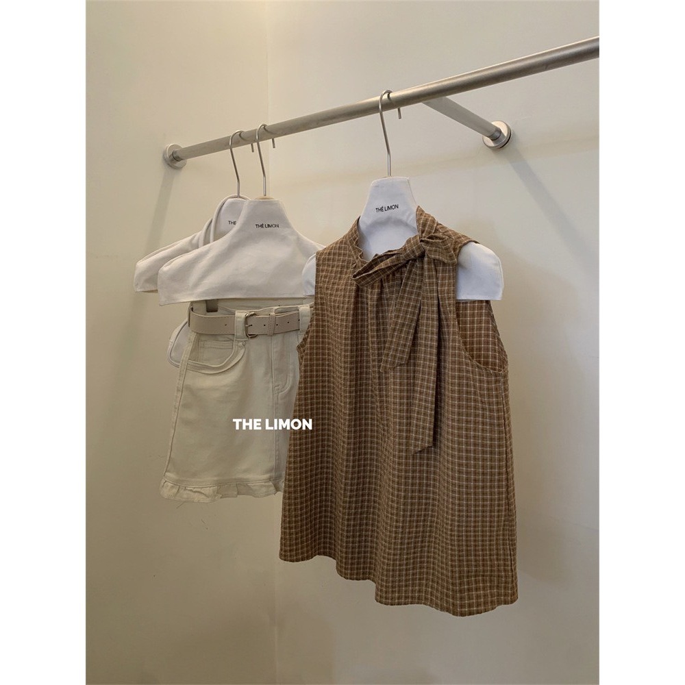 ✈️藍現貨1-//檸檬家🍋//蝴蝶飄帶格紋無袖上衣~7.1-細節圖9