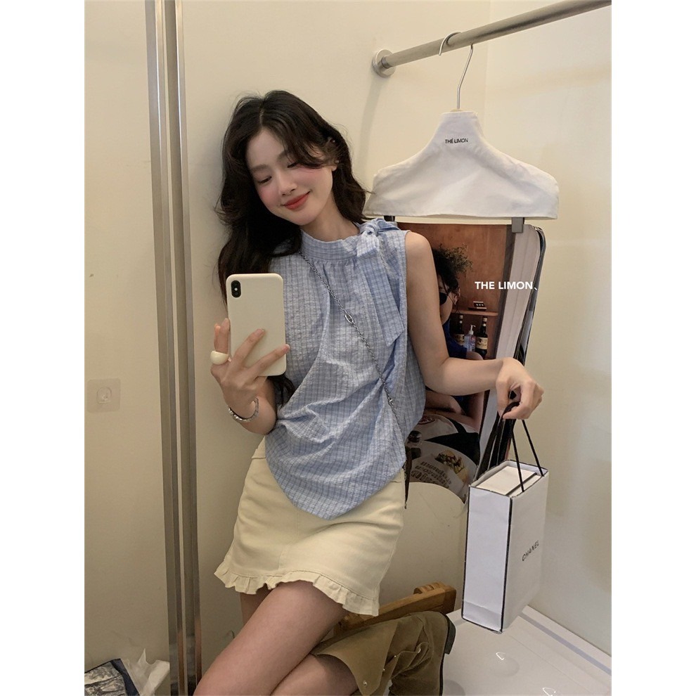 ✈️藍現貨1-//檸檬家🍋//蝴蝶飄帶格紋無袖上衣~7.1-細節圖10