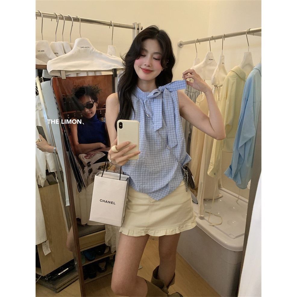 ✈️藍現貨1-//檸檬家🍋//蝴蝶飄帶格紋無袖上衣~7.1-規格圖11