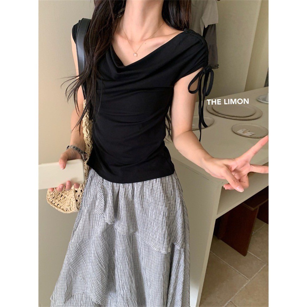 ✈️白現貨1-//檸檬家🍋//一字領側抽繩綁帶上衣~7.28-細節圖3