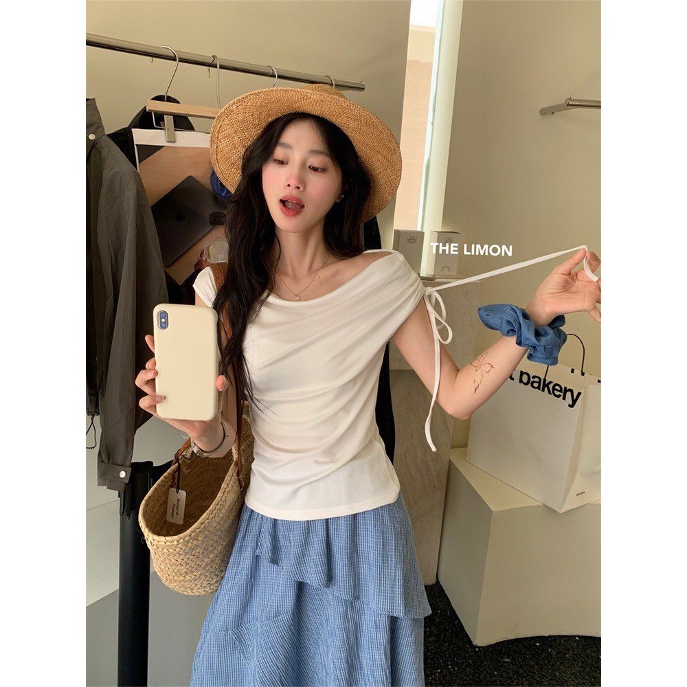✈️白現貨1-//檸檬家🍋//一字領側抽繩綁帶上衣~7.28-細節圖5