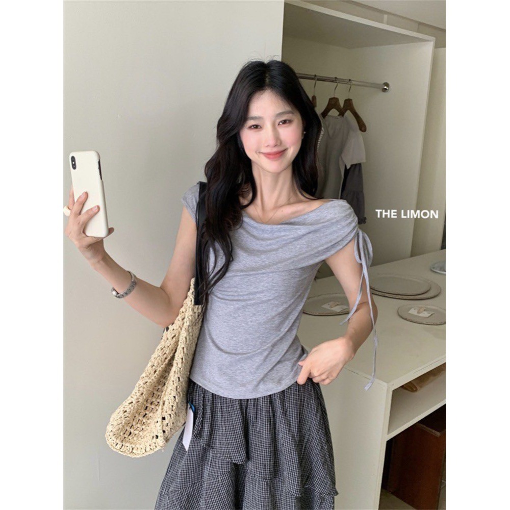 ✈️白現貨1-//檸檬家🍋//一字領側抽繩綁帶上衣~7.28-細節圖6