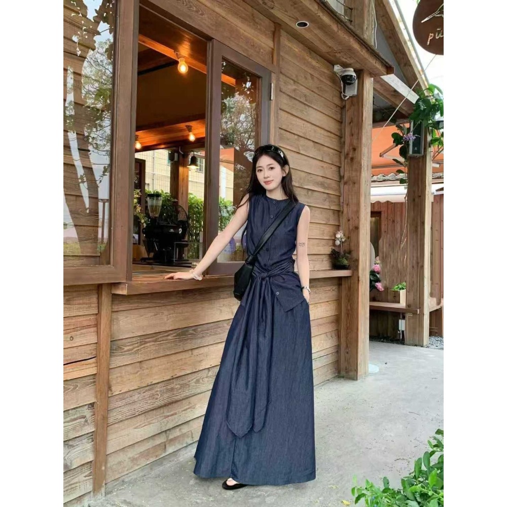 ✈️S碼現貨-//WGWE家//牛仔棉麻感無袖綁帶上衣＋長裙套裝~9.1-細節圖4