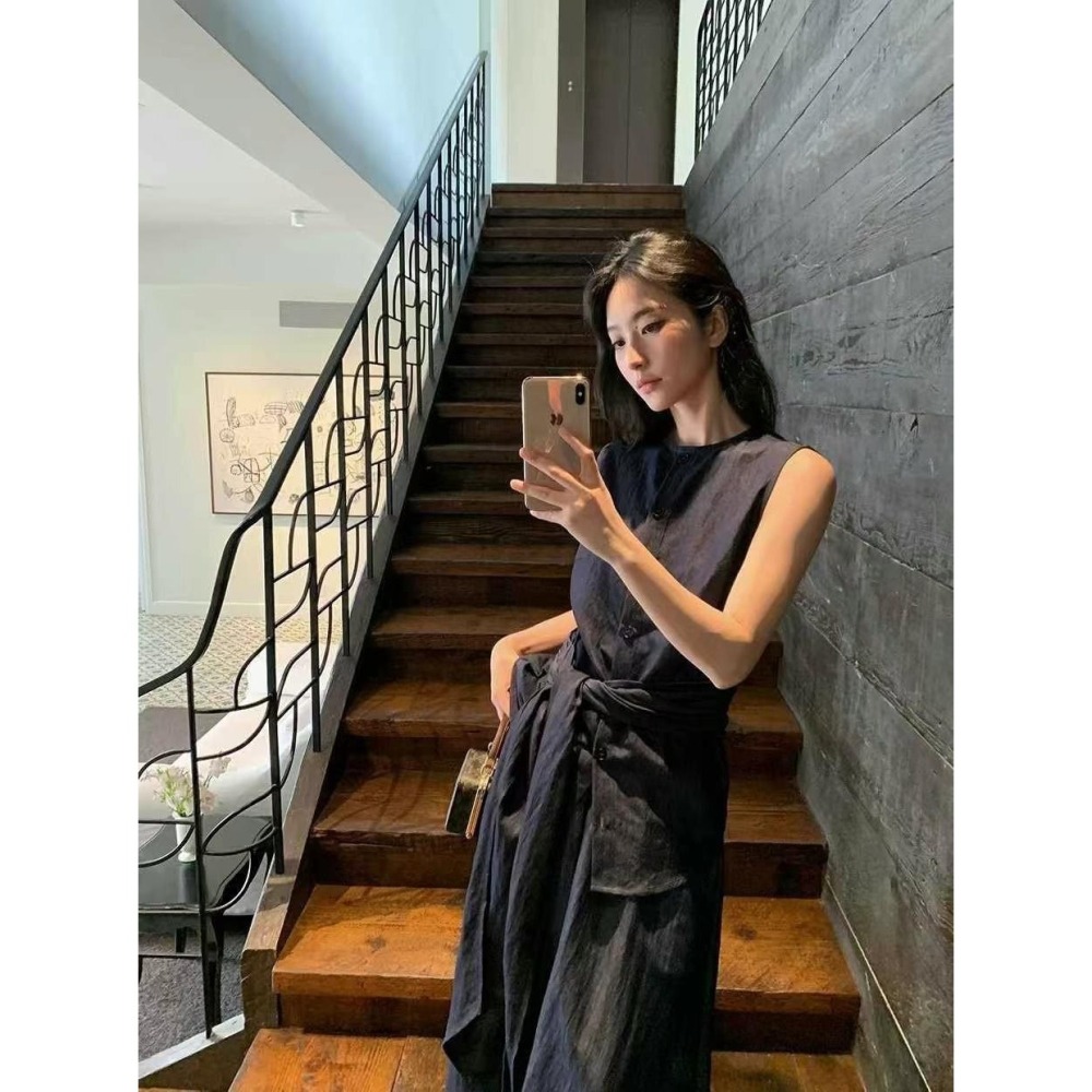 ✈️S碼現貨-//WGWE家//牛仔棉麻感無袖綁帶上衣＋長裙套裝~9.1-細節圖5