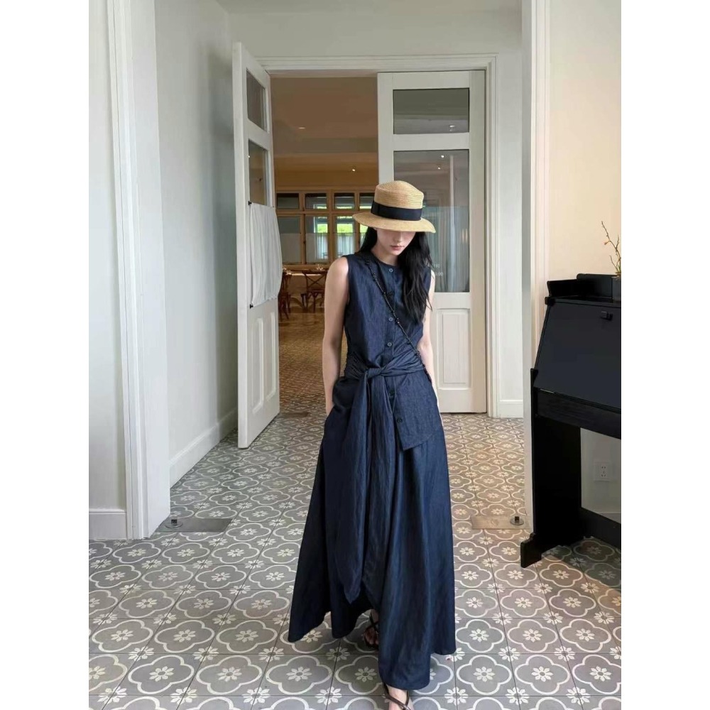✈️S碼現貨-//WGWE家//牛仔棉麻感無袖綁帶上衣＋長裙套裝~9.1-細節圖6