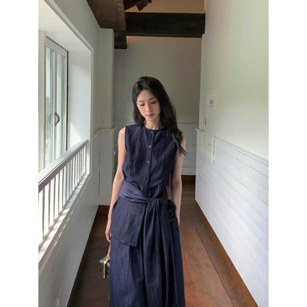 ✈️S碼現貨-//WGWE家//牛仔棉麻感無袖綁帶上衣＋長裙套裝~9.1-細節圖7