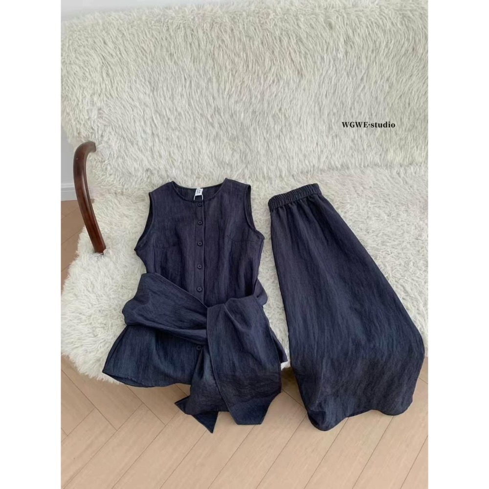 ✈️S碼現貨-//WGWE家//牛仔棉麻感無袖綁帶上衣＋長裙套裝~9.1-細節圖8