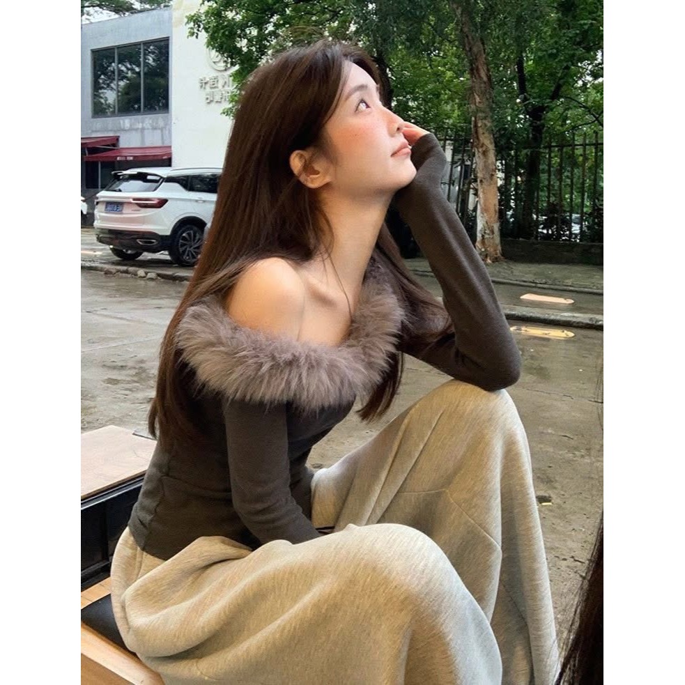 ✈️預購-//WGWE家 //斜肩毛絨拼接上衣~1.20-細節圖3