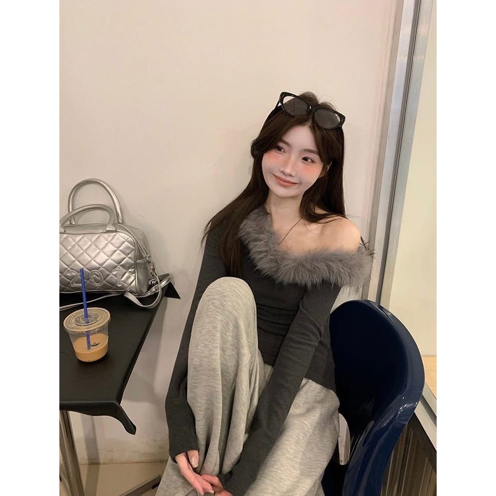 ✈️預購-//WGWE家 //斜肩毛絨拼接上衣~1.20-細節圖9